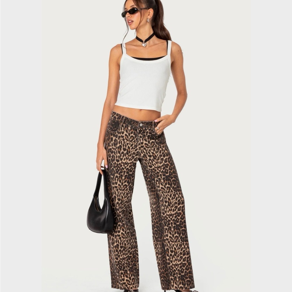 Edikted Leopard Print Low Rise Wide Leg Jeans Brown Tan Size L